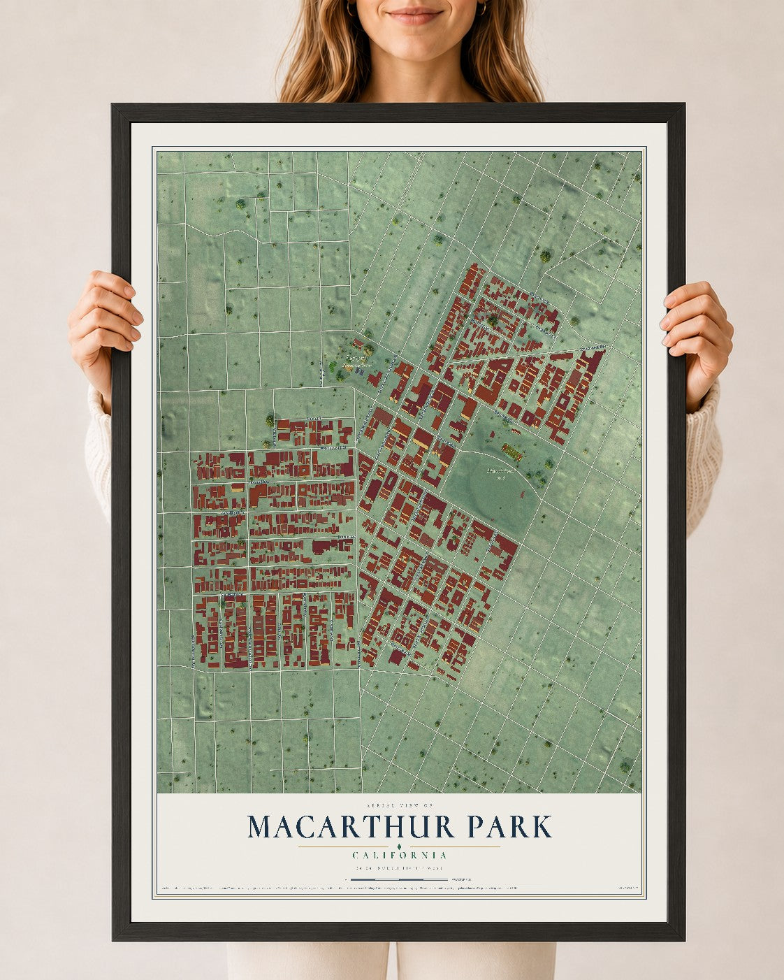 Map of MacArthur Park, California, 24 x 36 inch print in a black wood frame