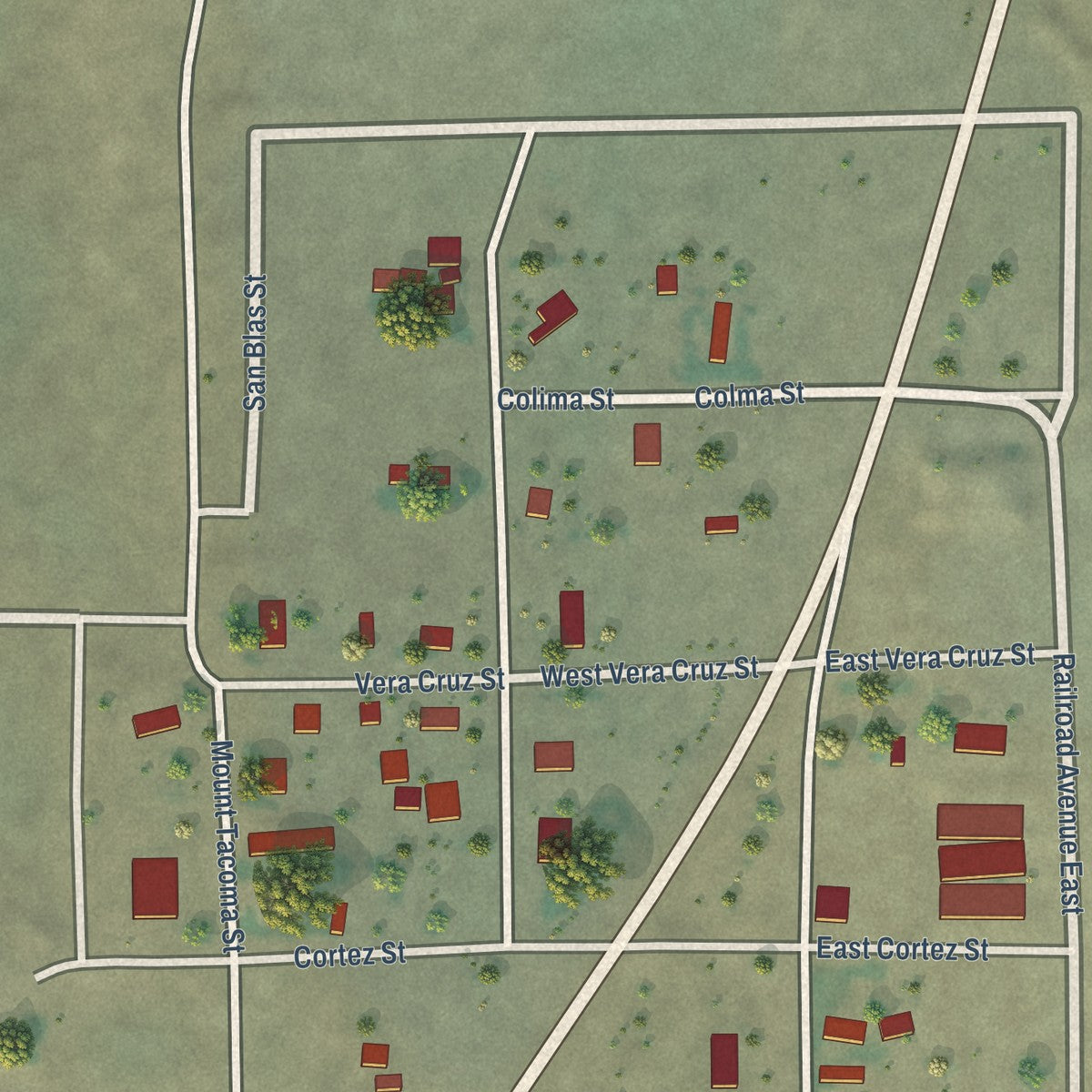 Close-up of the map of Macdoel, California print showing street and building detail