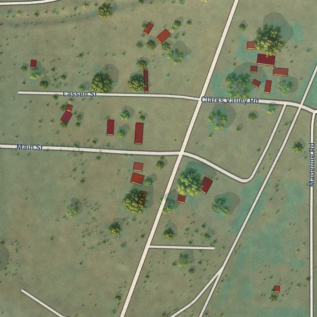 Close-up of the map of Madeline, California print showing street and building detail