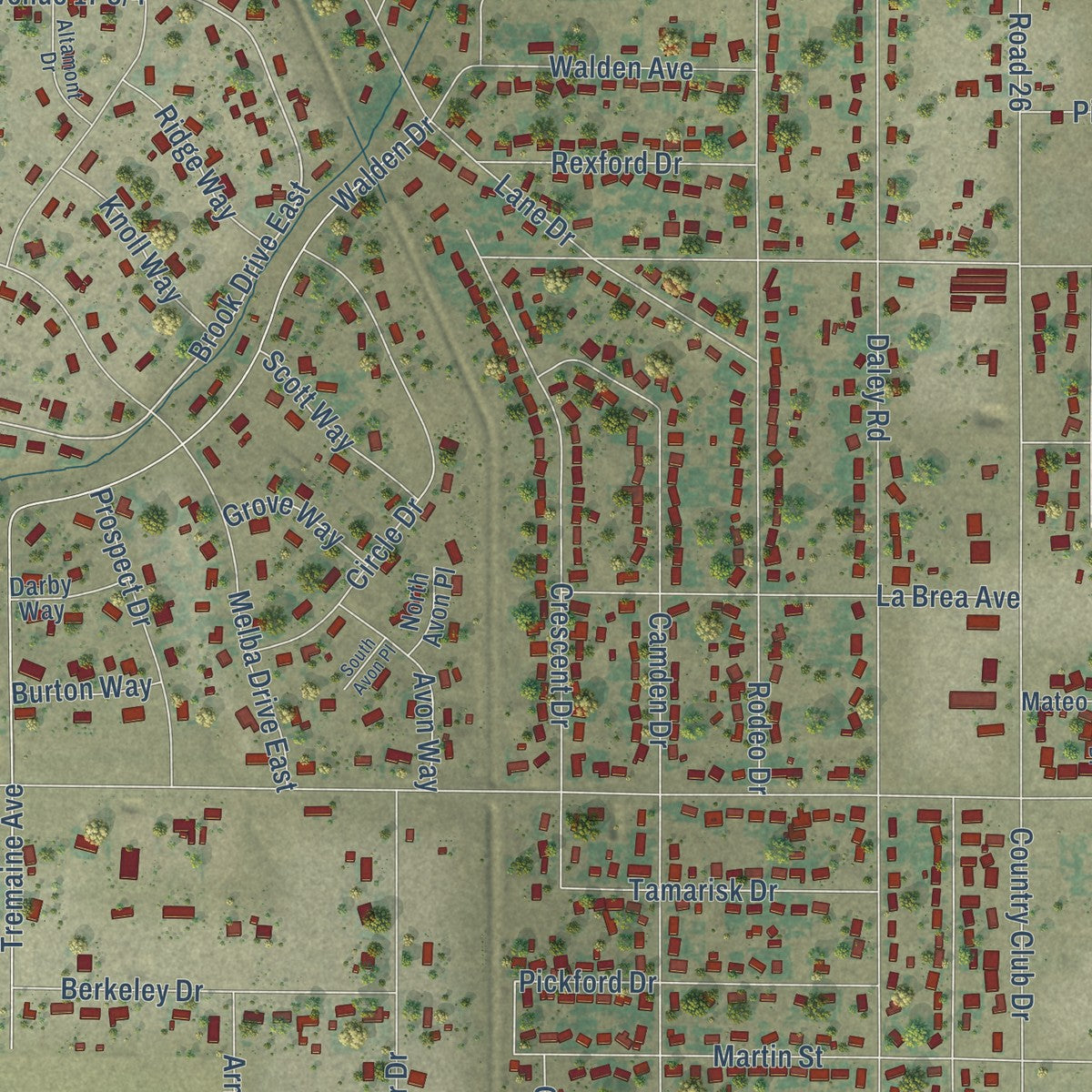 Close-up of the map of Madera Acres, California print showing street and building detail