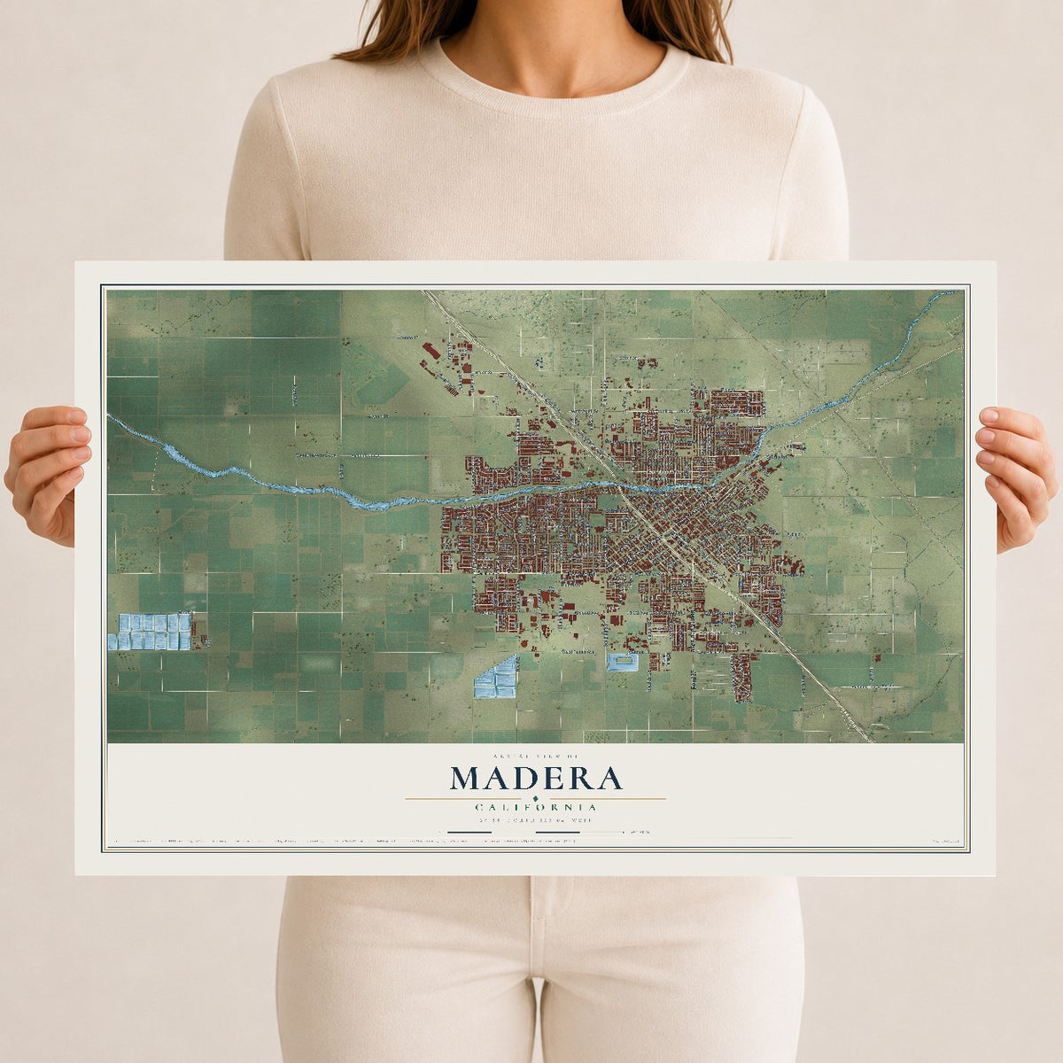 Map of Madera, California, 12 x 18 inch unframed archival matte print