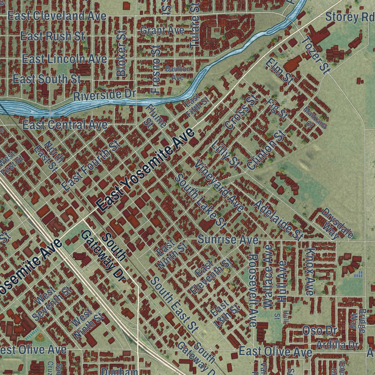 Close-up of the map of Madera, California print showing street and building detail