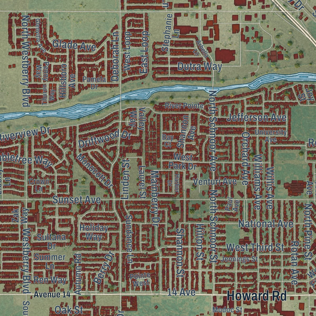 Second close-up of the map of Madera, California print showing more streets and buildings
