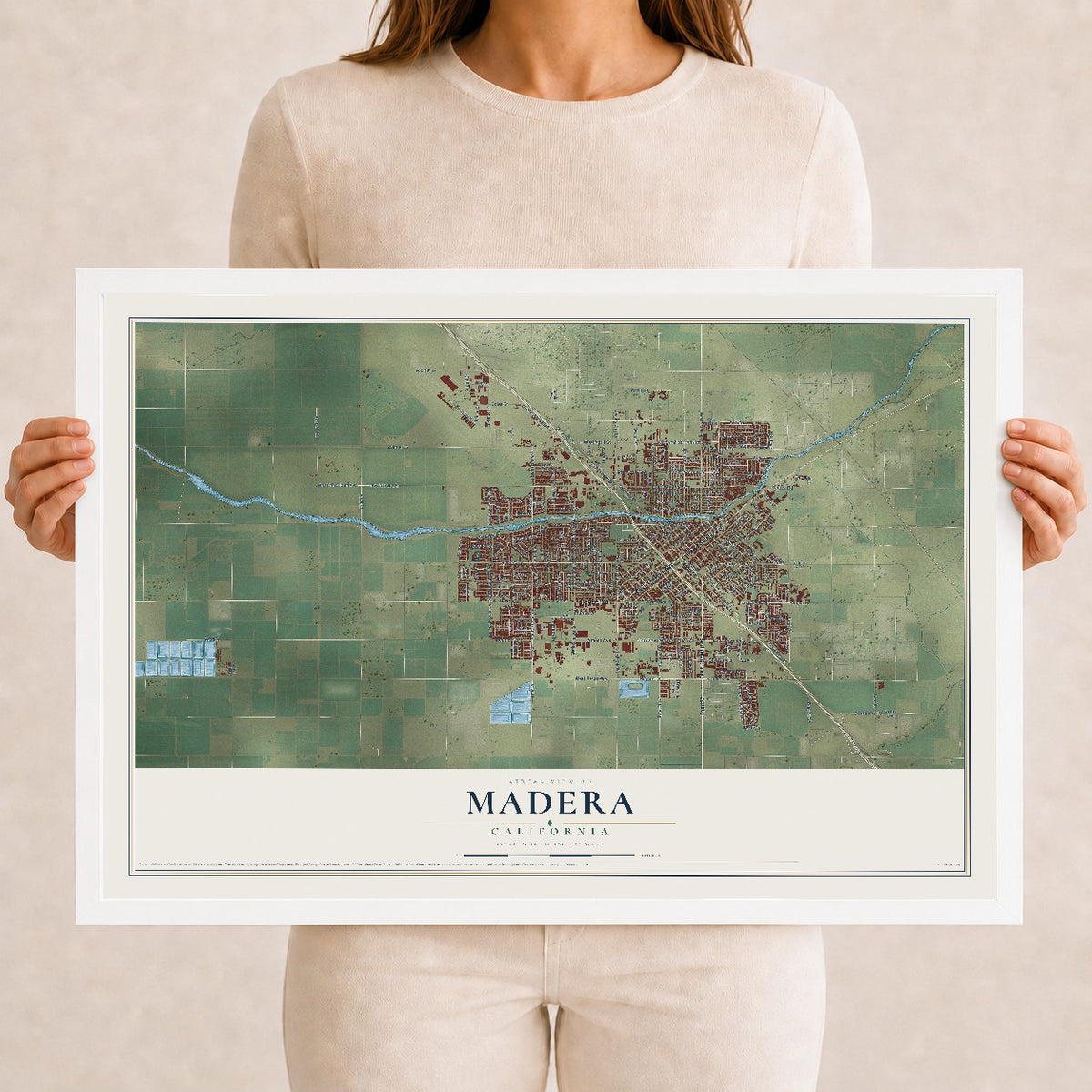 Map of Madera, California, 12 x 18 inch print in a white wood frame