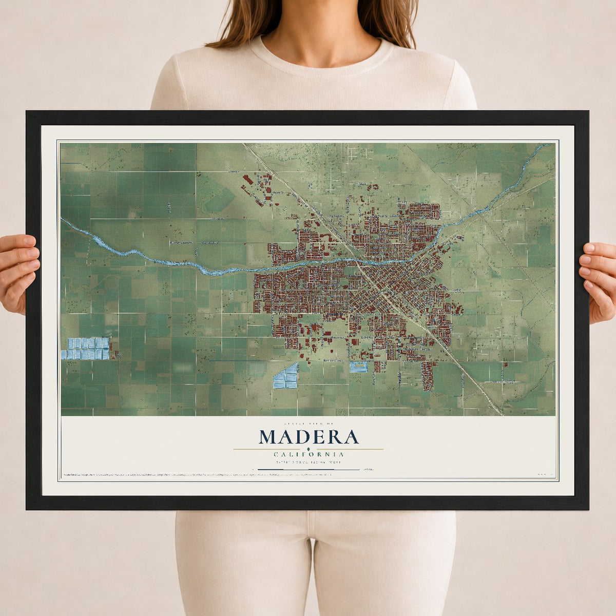 Map of Madera, California, 18 x 24 inch print in a black wood frame