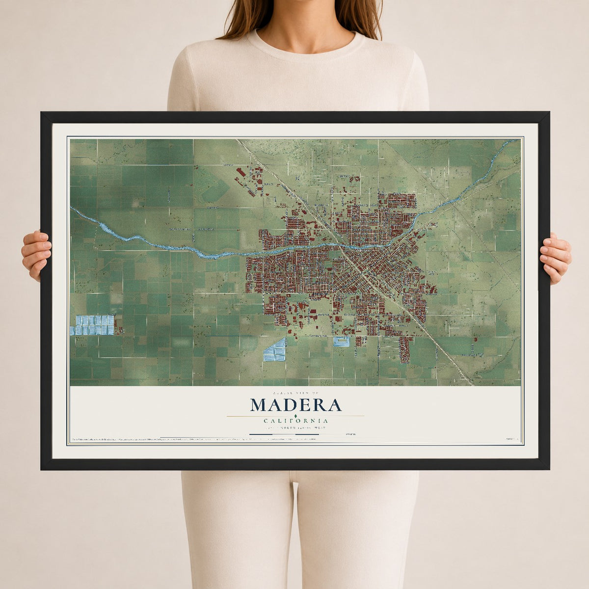 Map of Madera, California, 24 x 36 inch print in a black wood frame