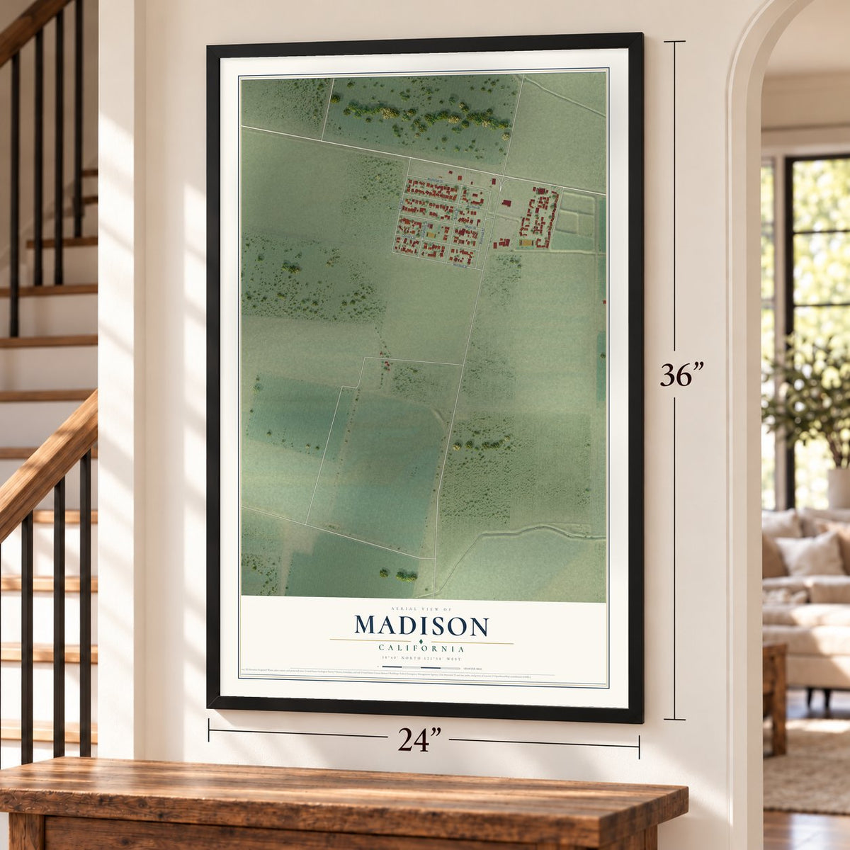 Madison, California map, 24 x 36 inch print in a black frame by a staircase