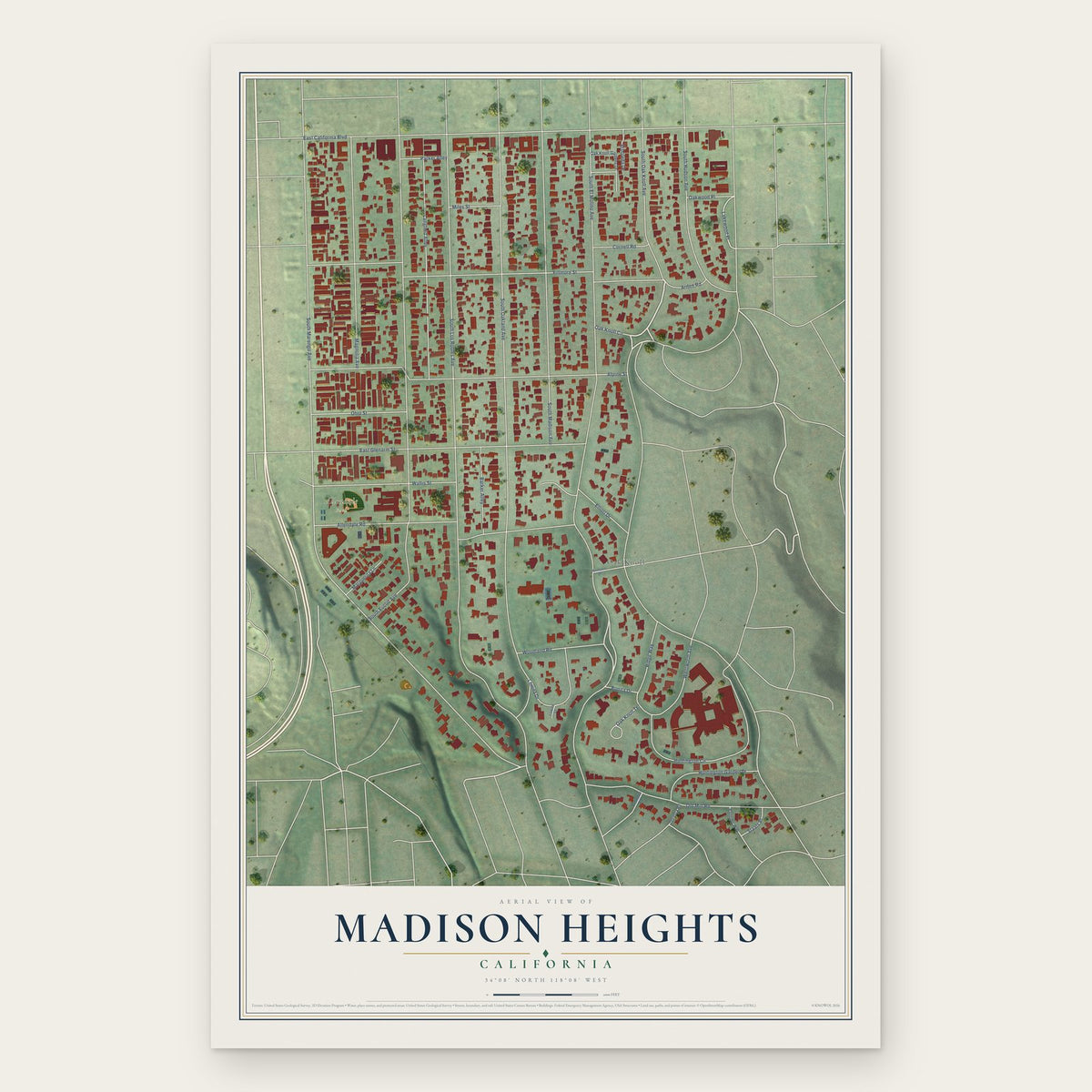 Madison Heights, California map print, the full design