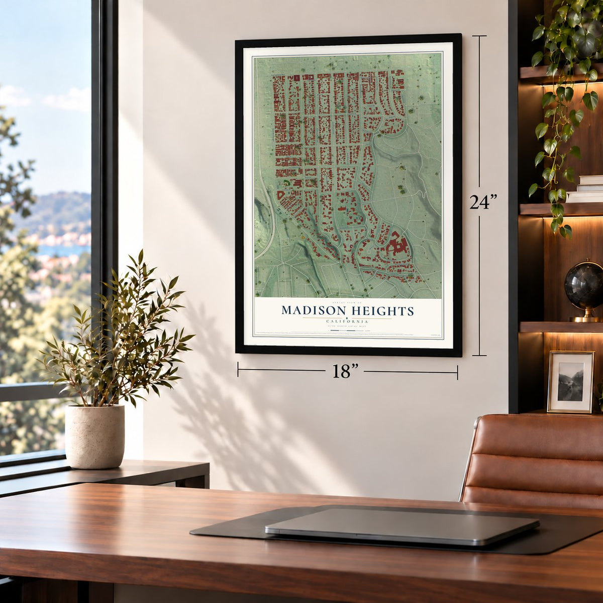 Madison Heights, California map, 18 x 24 inch print in a black frame in a home office