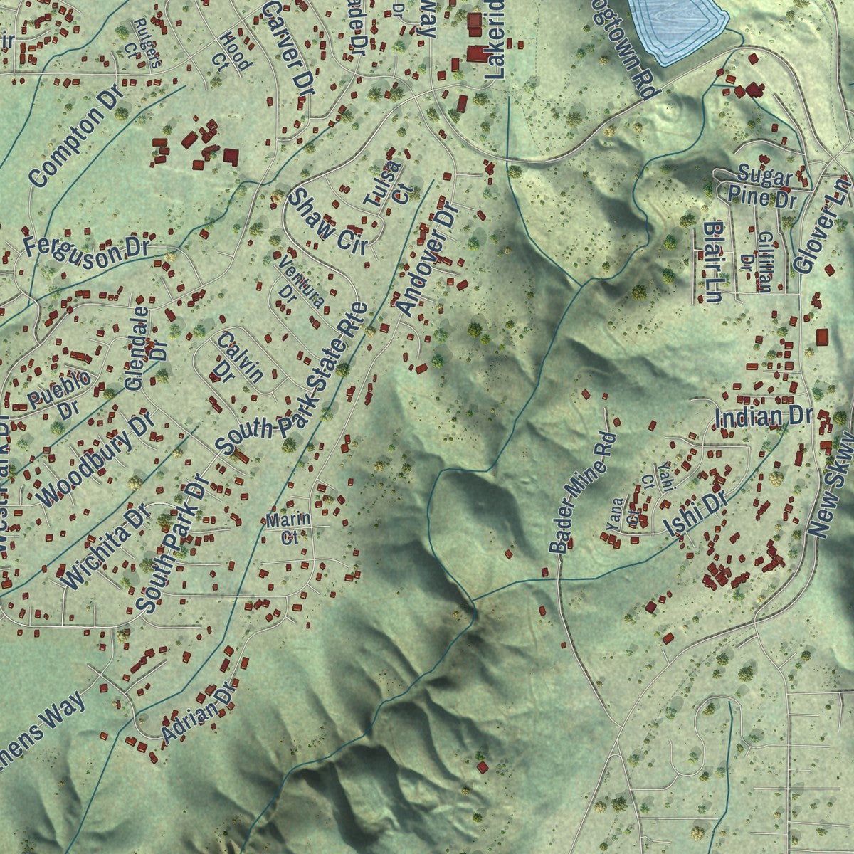 Close-up of the map of Magalia, California print showing street and building detail