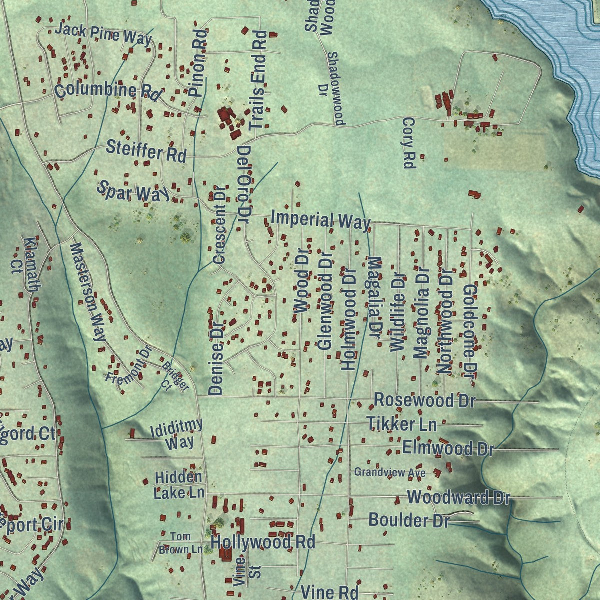 Second close-up of the map of Magalia, California print showing more streets and buildings