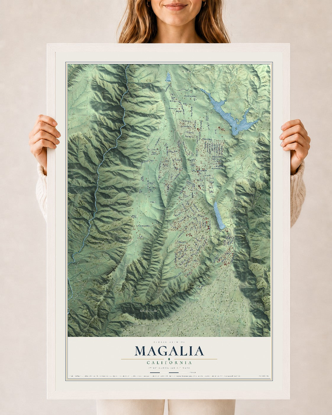 Map of Magalia, California, 24 x 36 inch print in a white wood frame