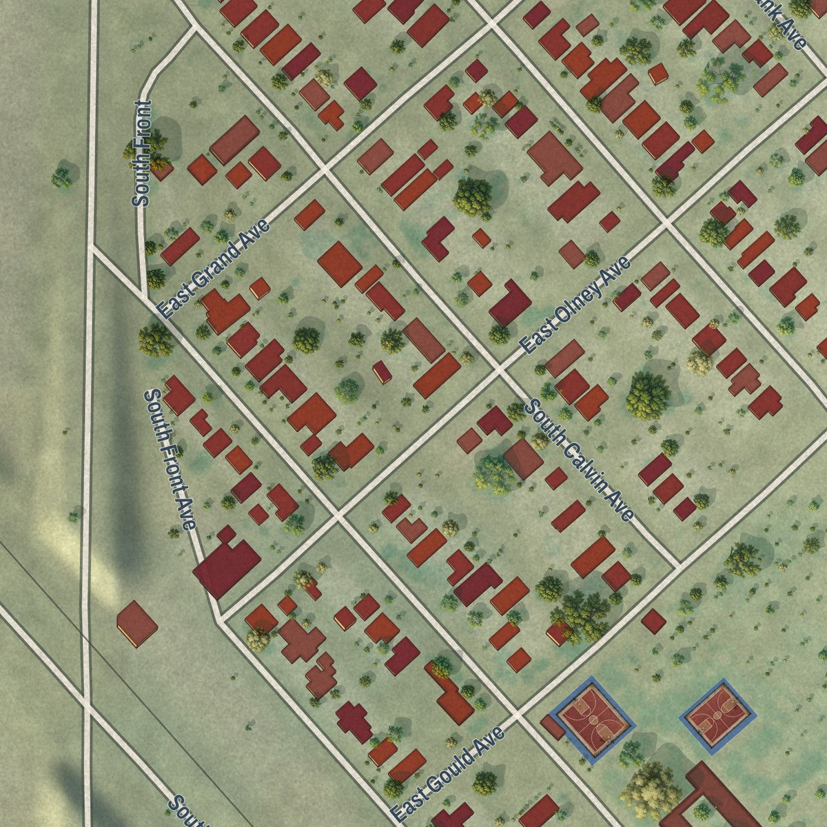 Close-up of the map of Malaga, California print showing street and building detail