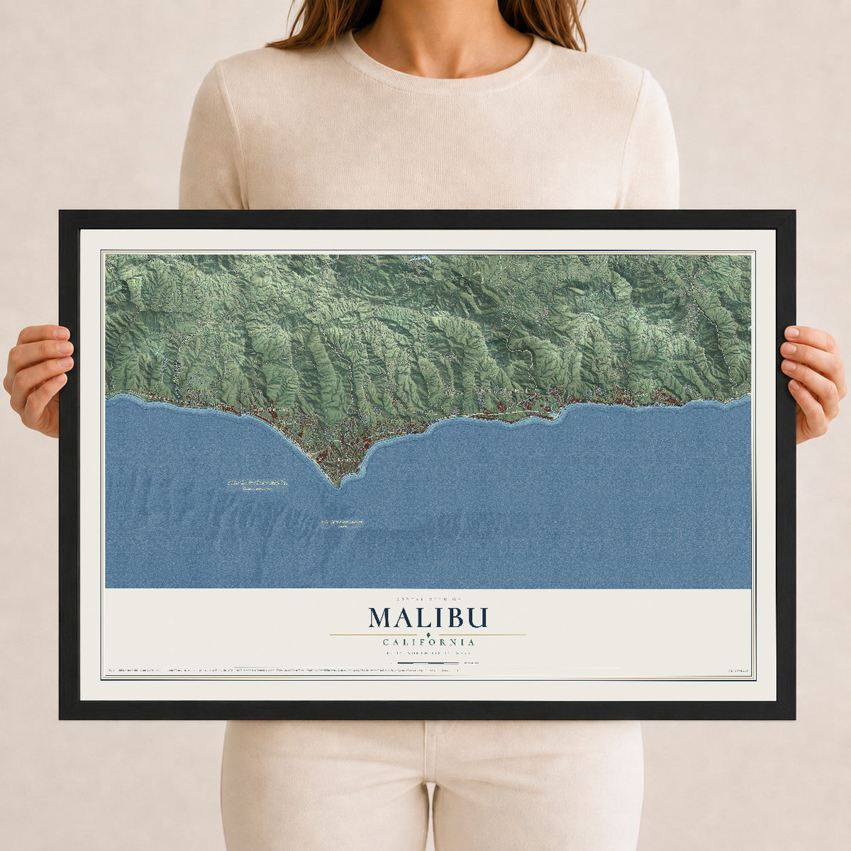 Map of Malibu, California, 12 x 18 inch print in a black wood frame
