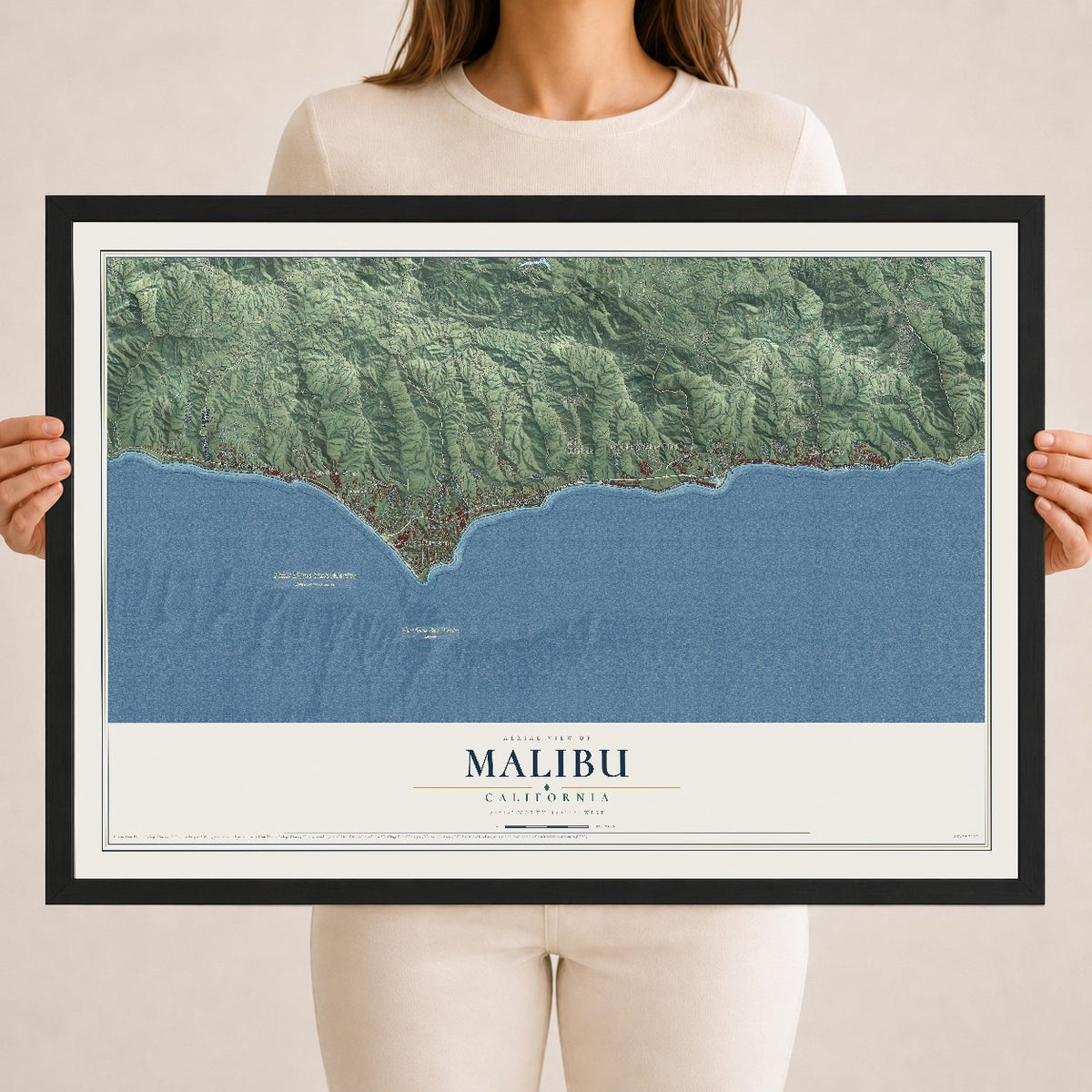Map of Malibu, California, 18 x 24 inch print in a black wood frame