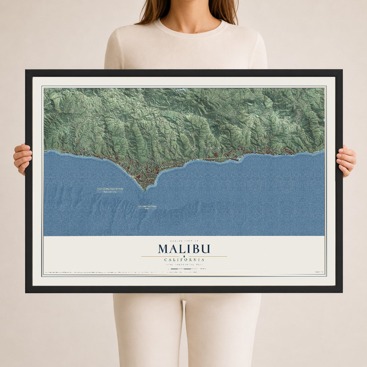 Map of Malibu, California, 24 x 36 inch print in a black wood frame