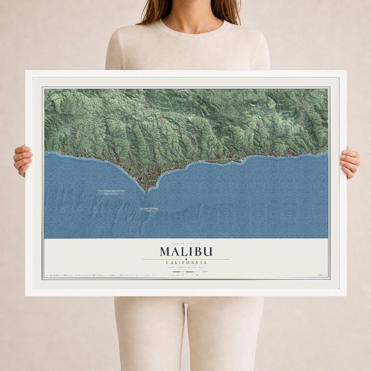 Map of Malibu, California, 24 x 36 inch print in a white wood frame