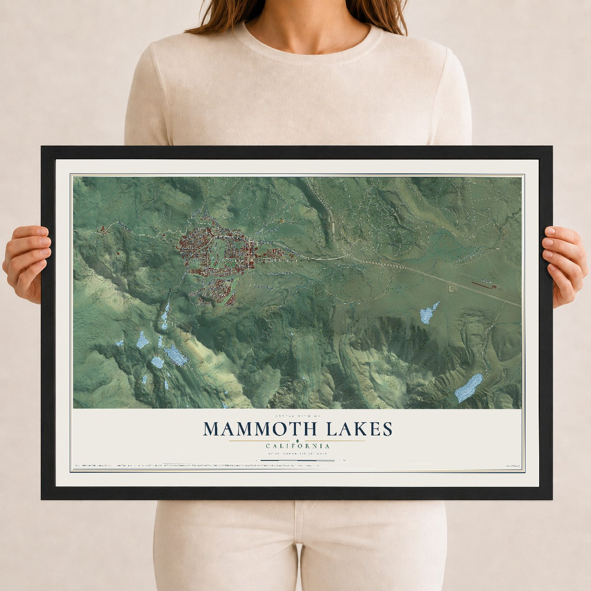 Map of Mammoth Lakes, California, 12 x 18 inch print in a black wood frame
