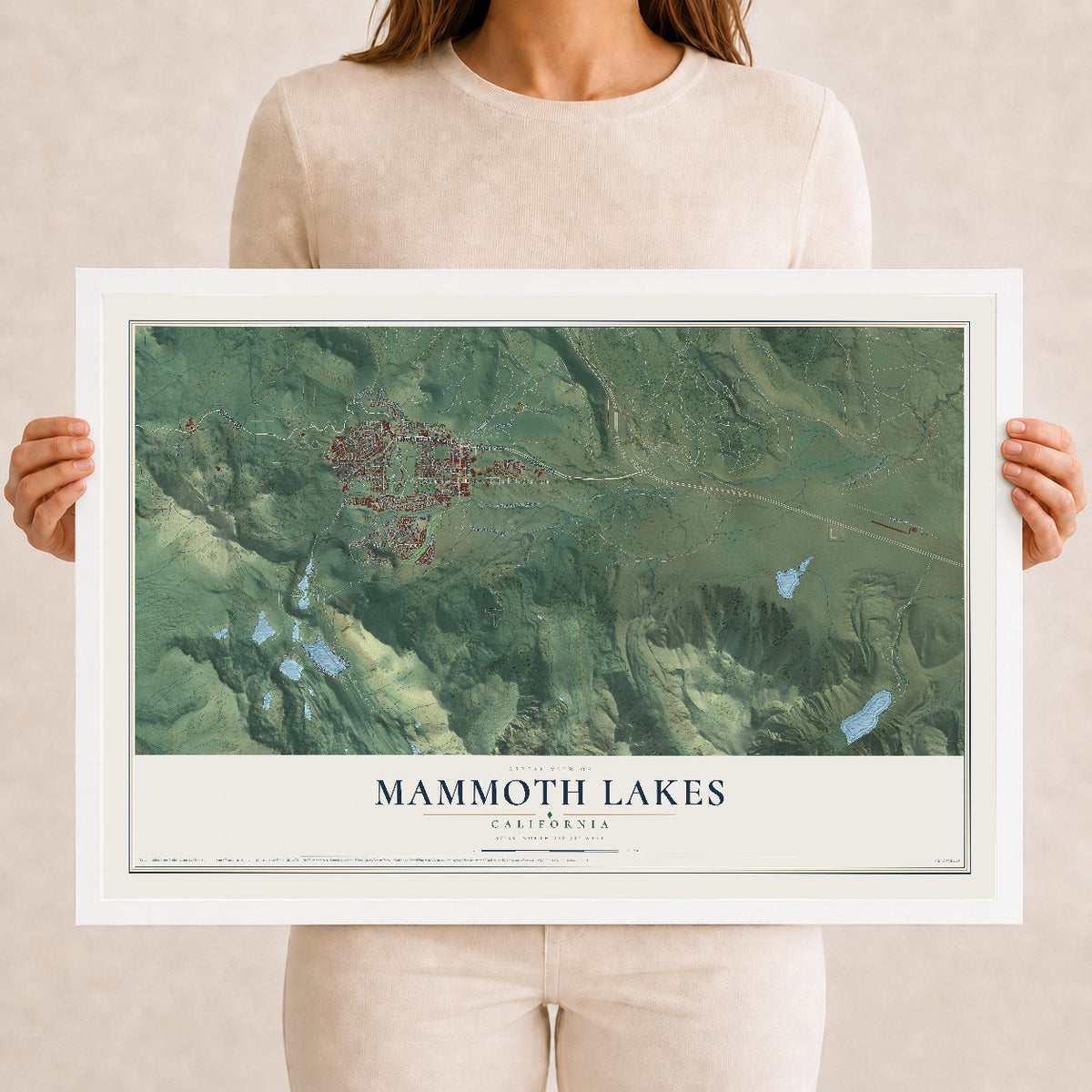Map of Mammoth Lakes, California, 12 x 18 inch print in a white wood frame
