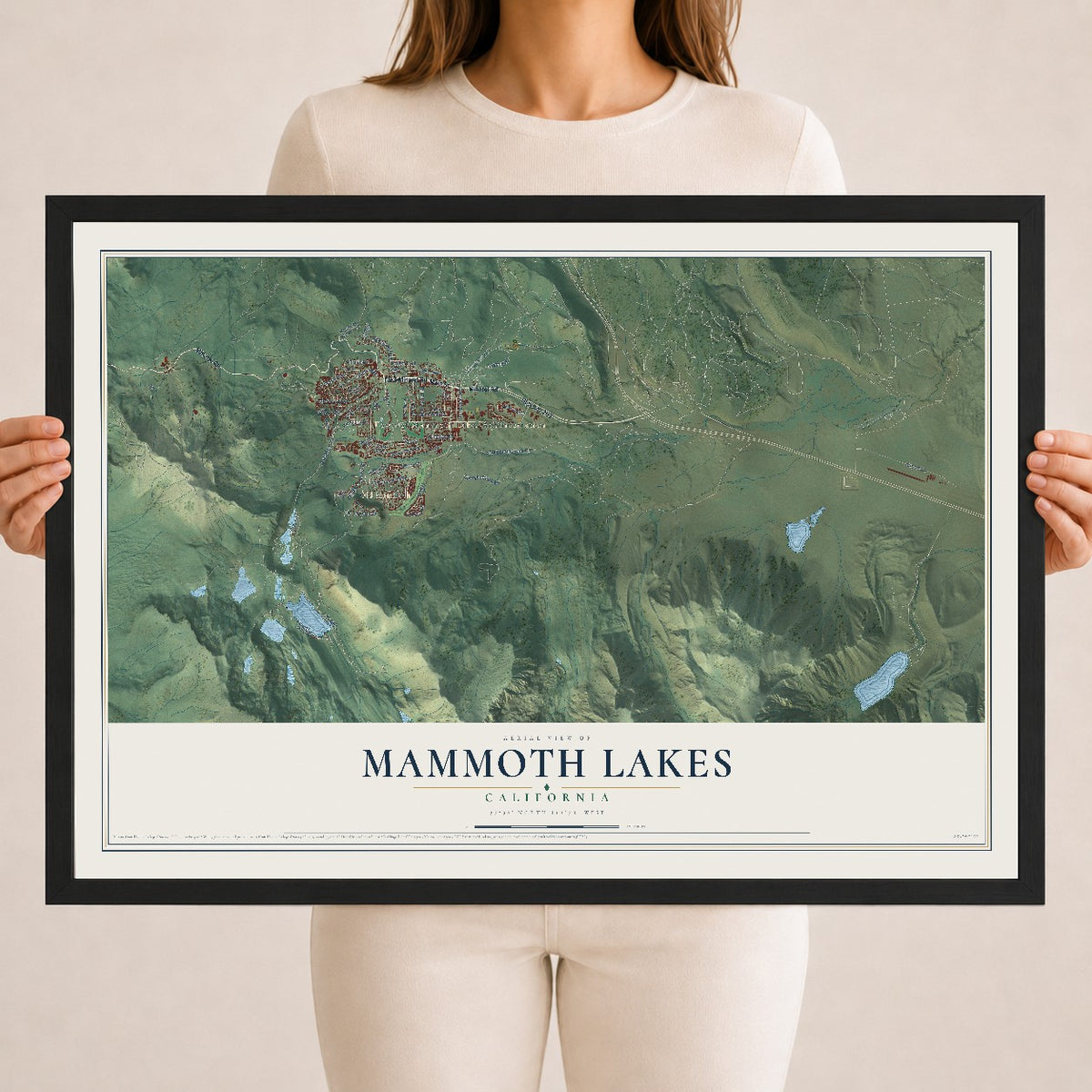 Map of Mammoth Lakes, California, 18 x 24 inch print in a black wood frame
