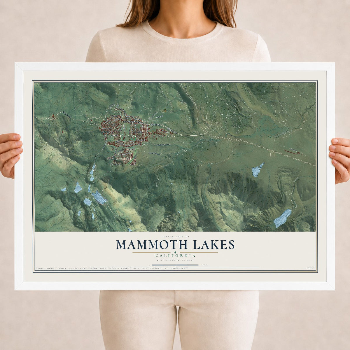 Map of Mammoth Lakes, California, 18 x 24 inch print in a white wood frame