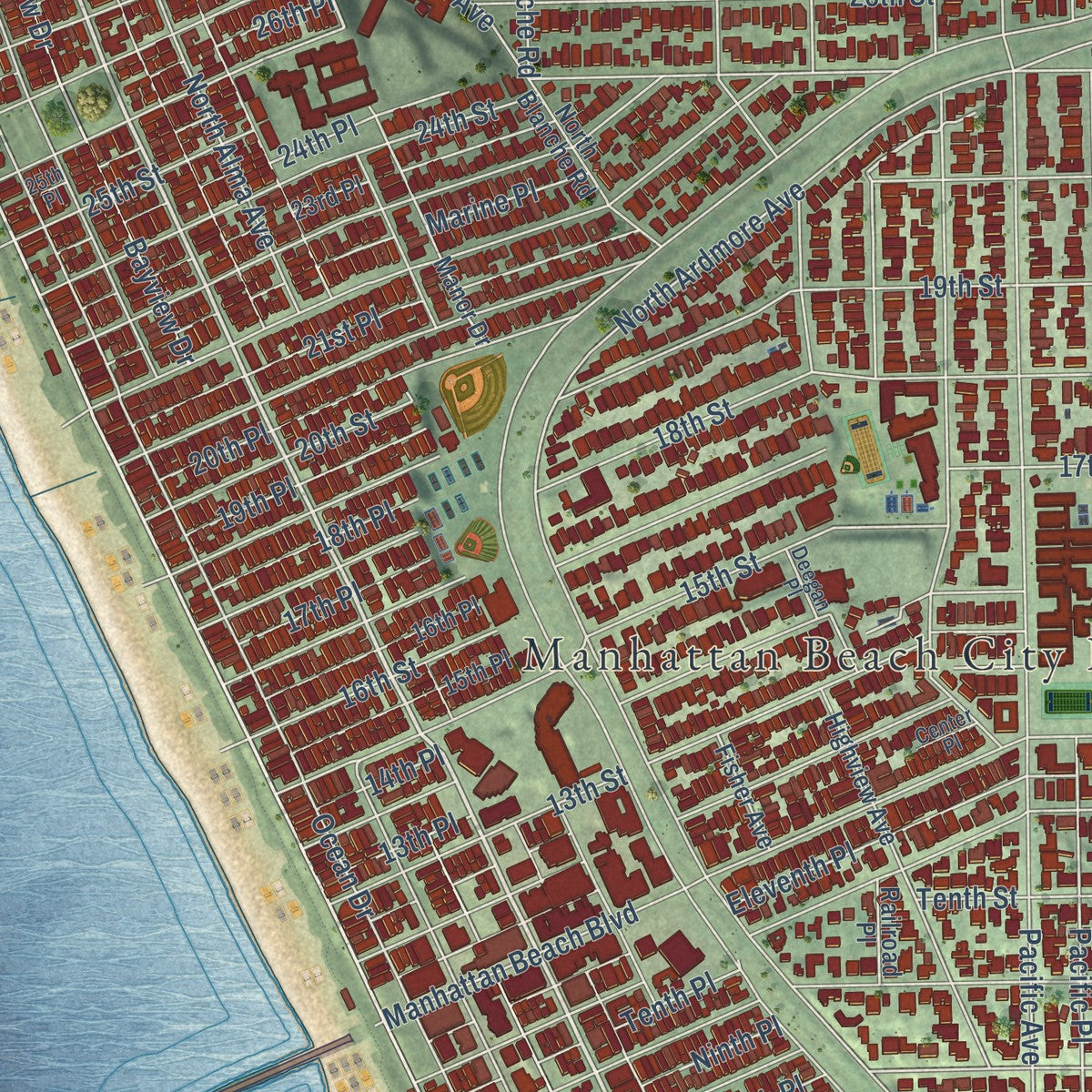 Second close-up of the map of Manhattan Beach, California print showing more streets and buildings