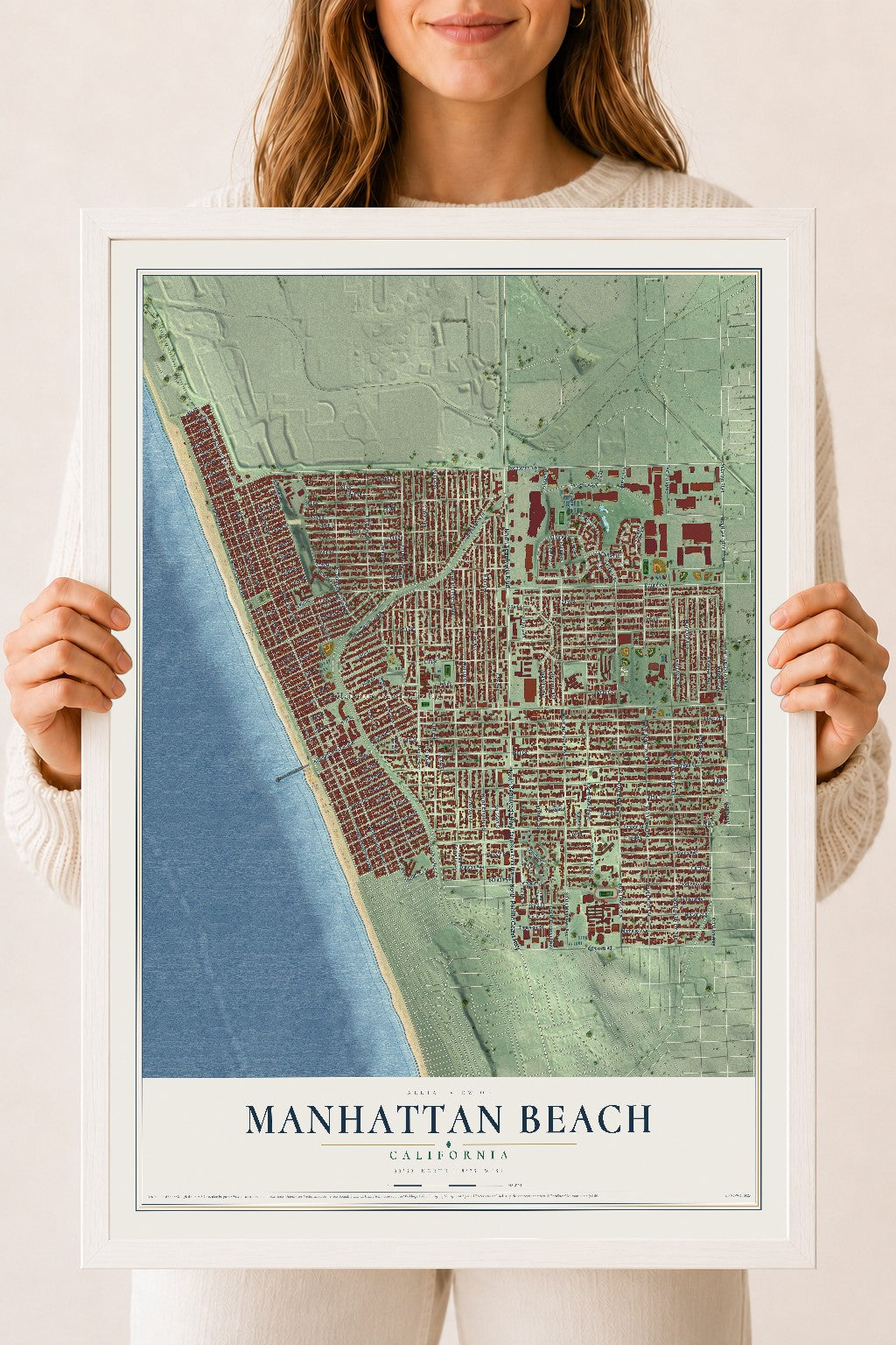 Map of Manhattan Beach, California, 18 x 24 inch print in a white wood frame