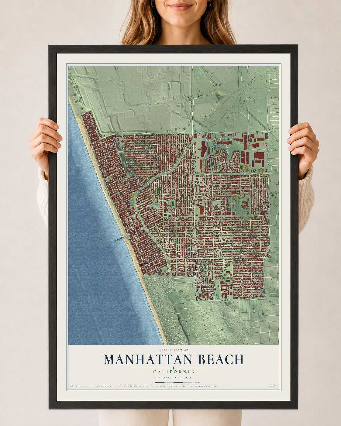 Map of Manhattan Beach, California, 24 x 36 inch print in a black wood frame