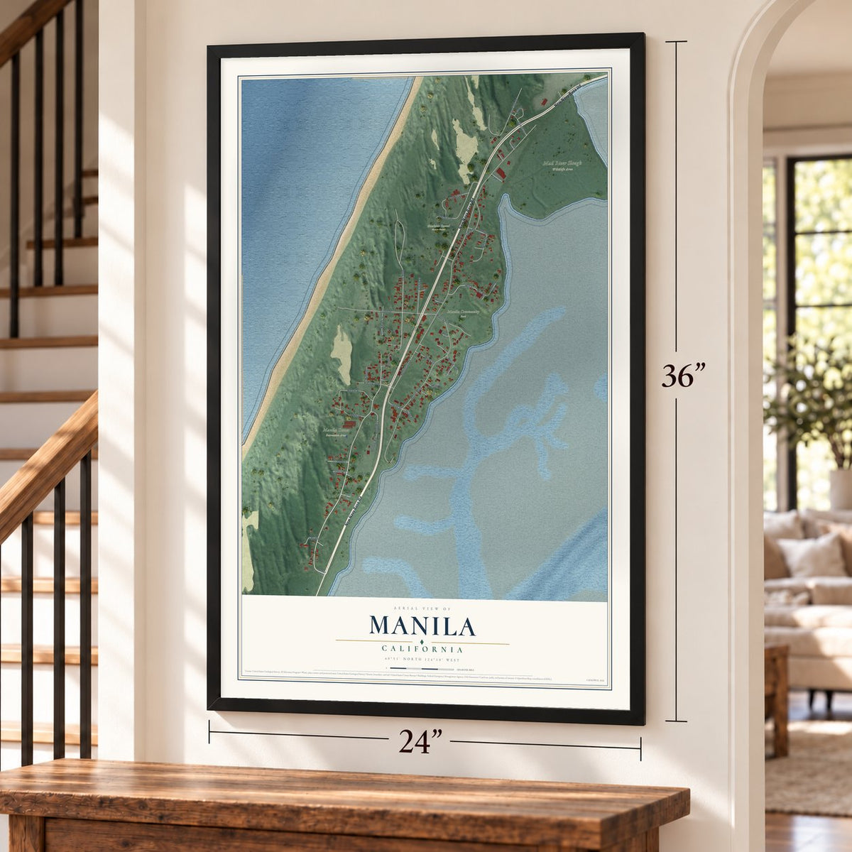 Manila, California map, 24 x 36 inch print in a black frame by a staircase