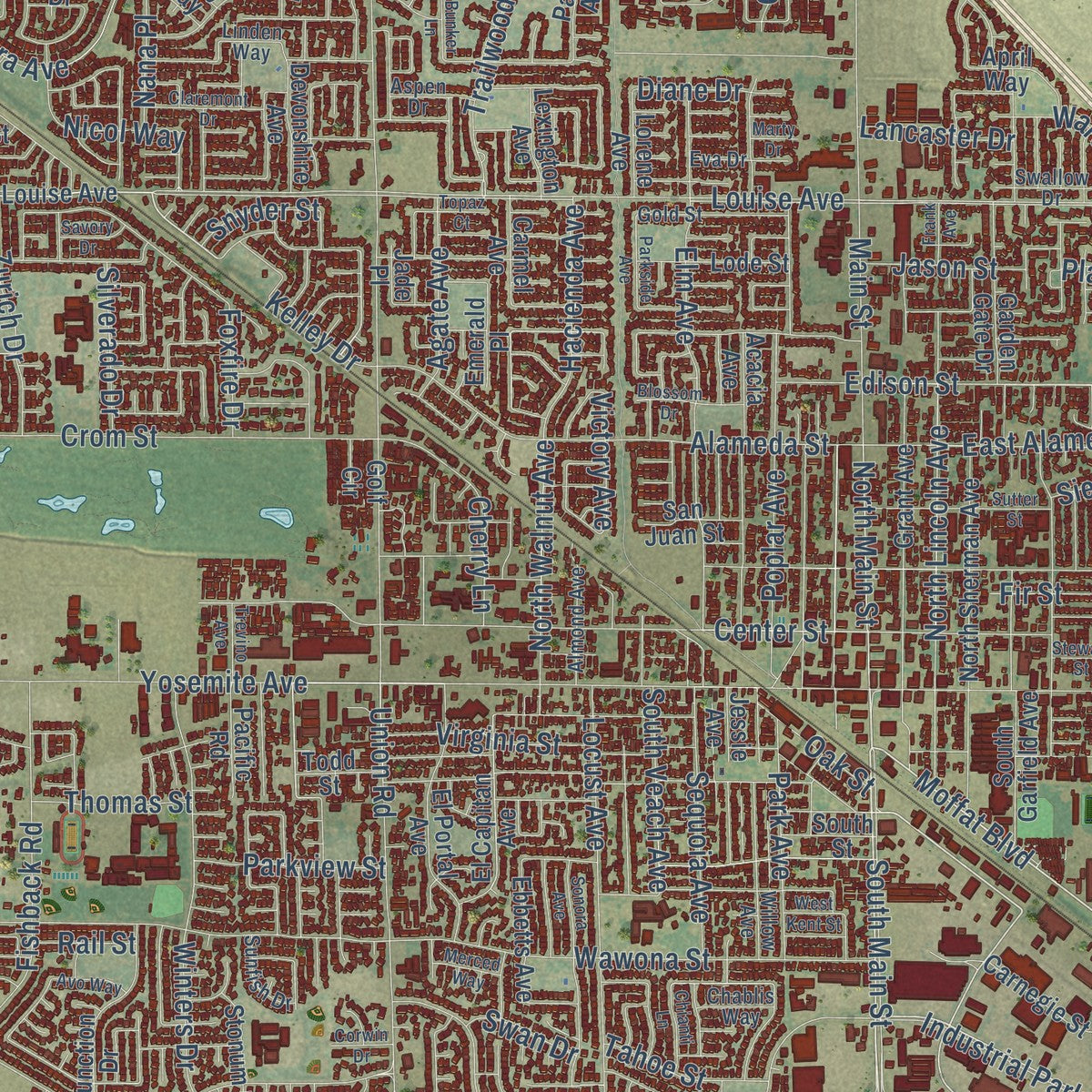Close-up of the map of Manteca, California print showing street and building detail