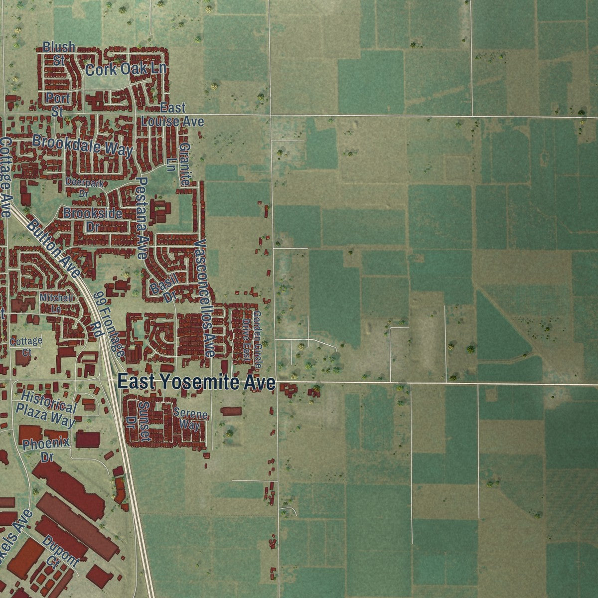 Second close-up of the map of Manteca, California print showing more streets and buildings