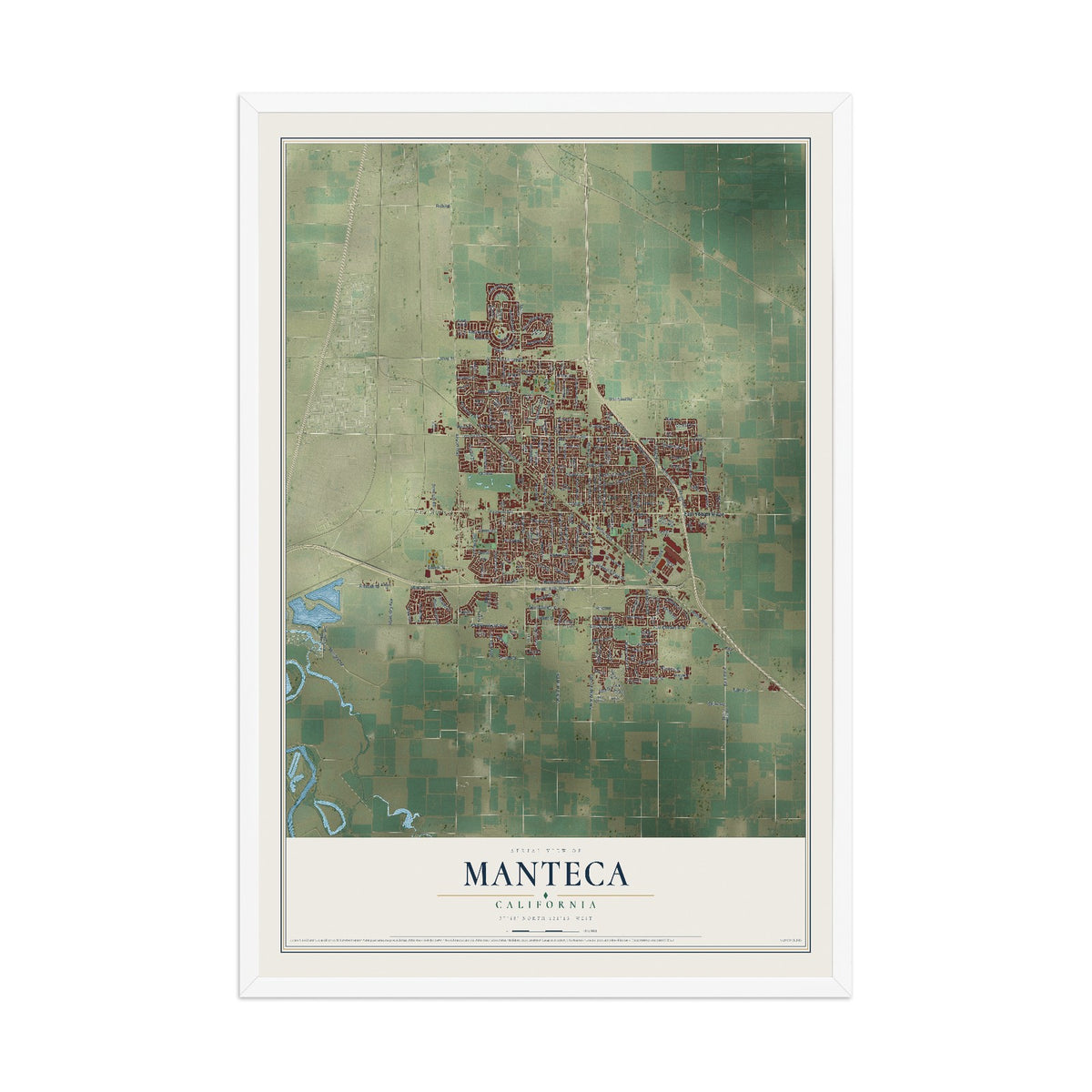 Map of Manteca, California, 12 x 18 inch print in a white wood frame