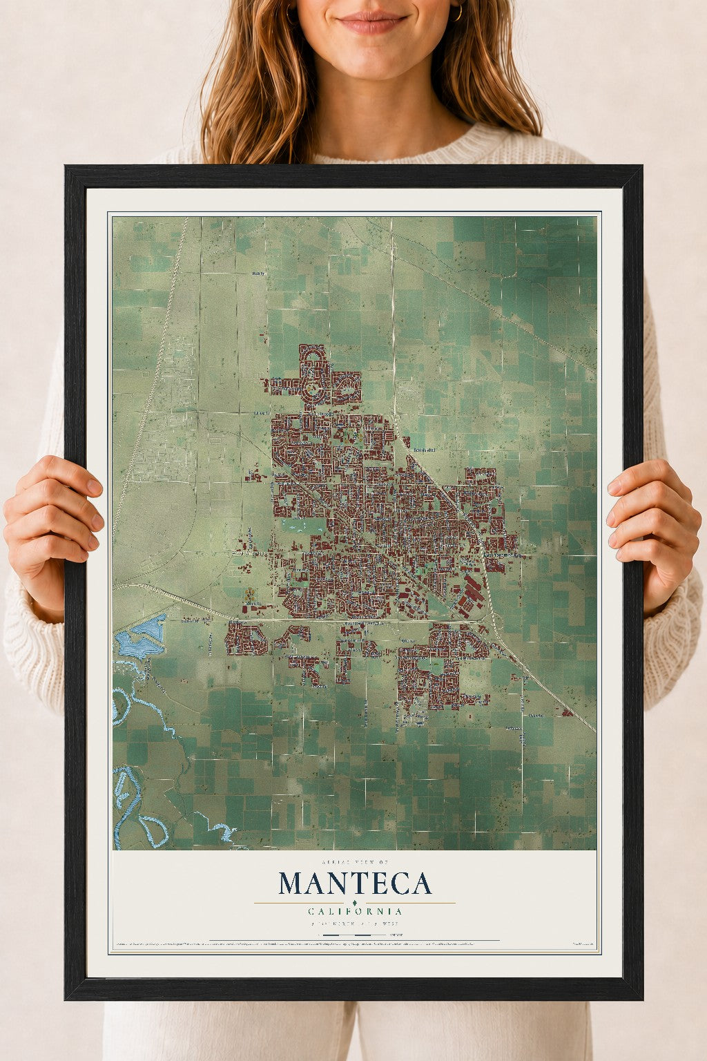Map of Manteca, California, 18 x 24 inch print in a black wood frame