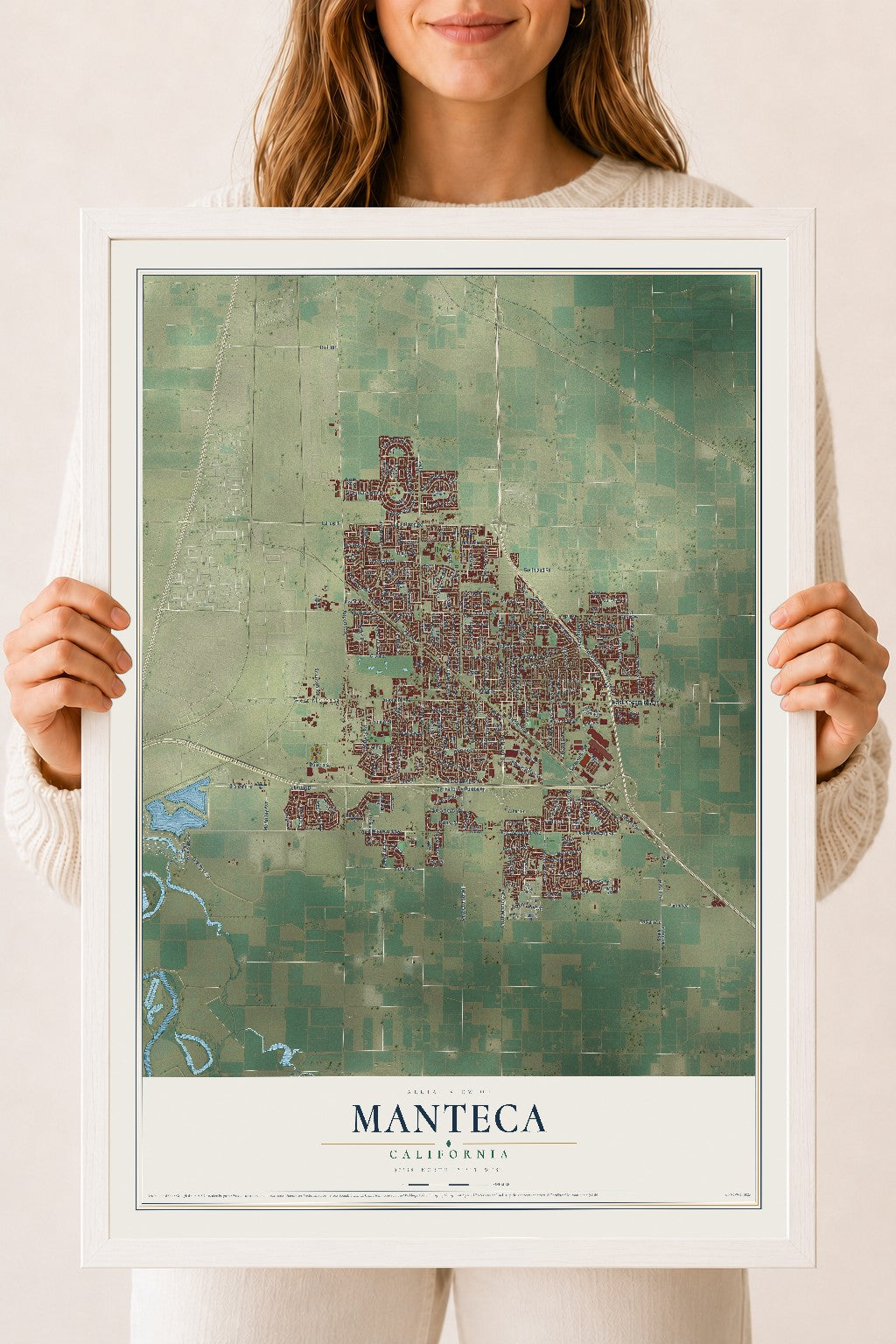 Map of Manteca, California, 18 x 24 inch print in a white wood frame