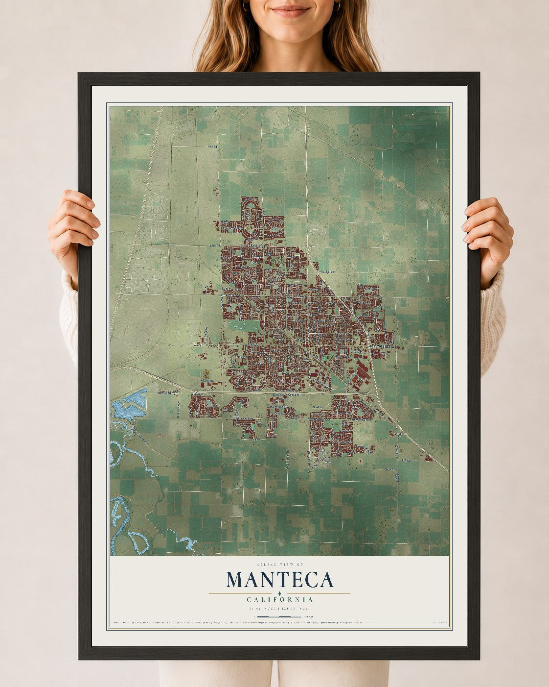 Map of Manteca, California, 24 x 36 inch print in a black wood frame