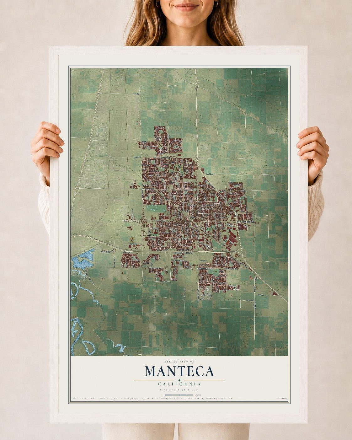 Map of Manteca, California, 24 x 36 inch print in a white wood frame