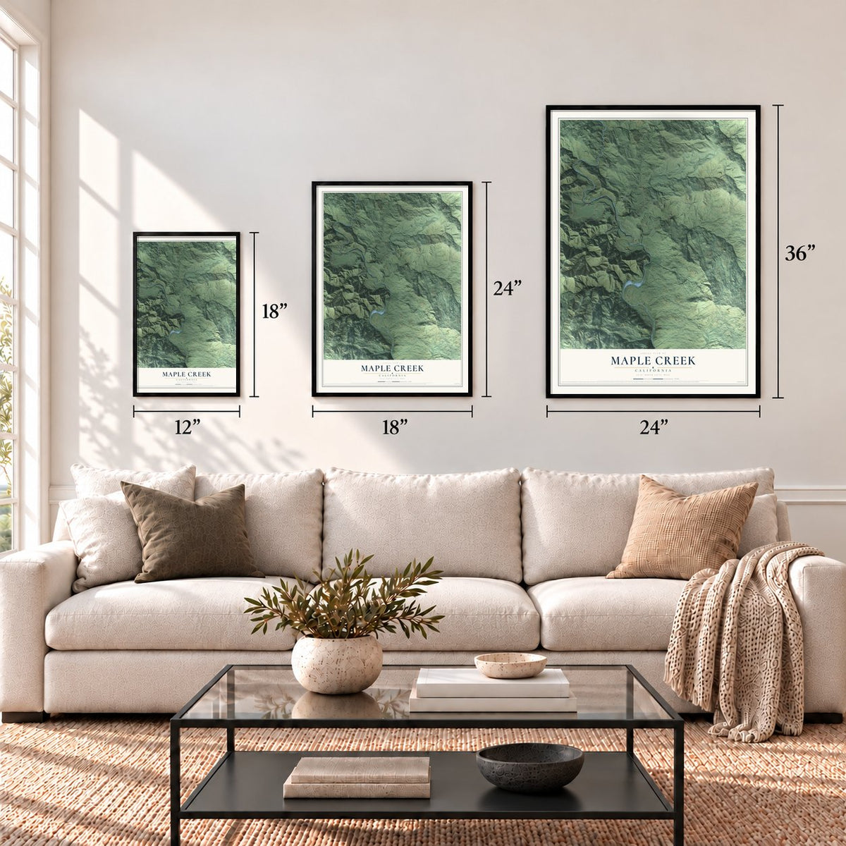 Maple Creek, California map in 12 x 18, 18 x 24 and 24 x 36 inch sizes above a sofa