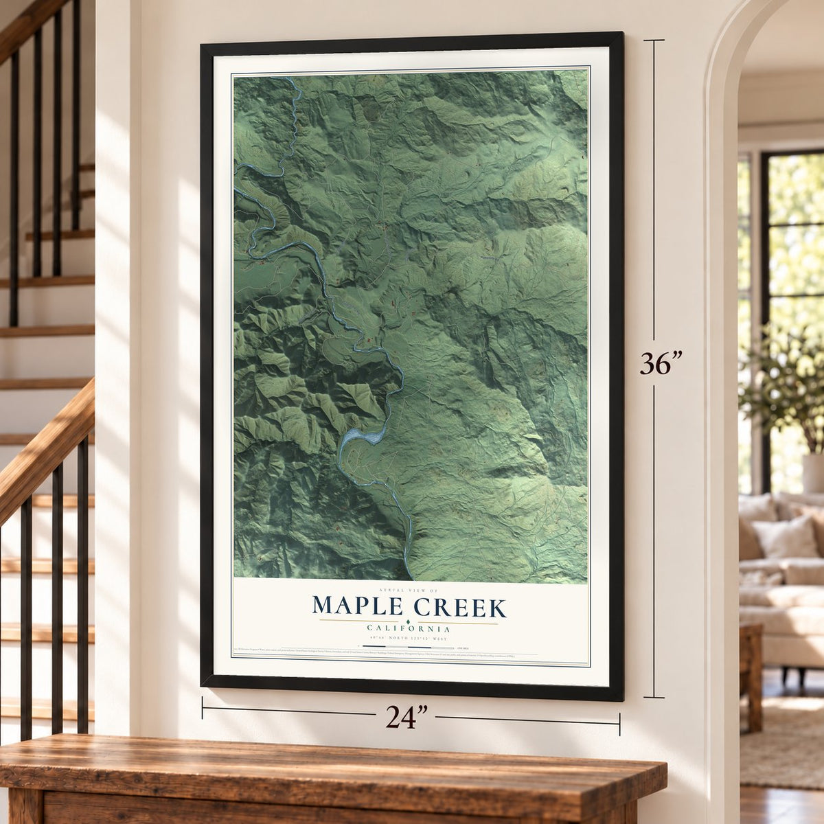 Maple Creek, California map, 24 x 36 inch print in a black frame by a staircase