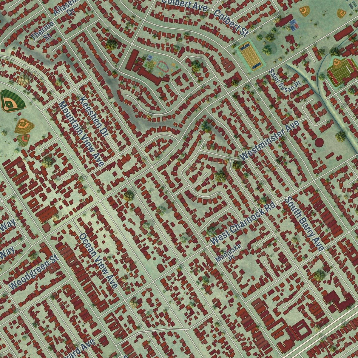 Close-up of the map of Mar Vista, California print showing street and building detail