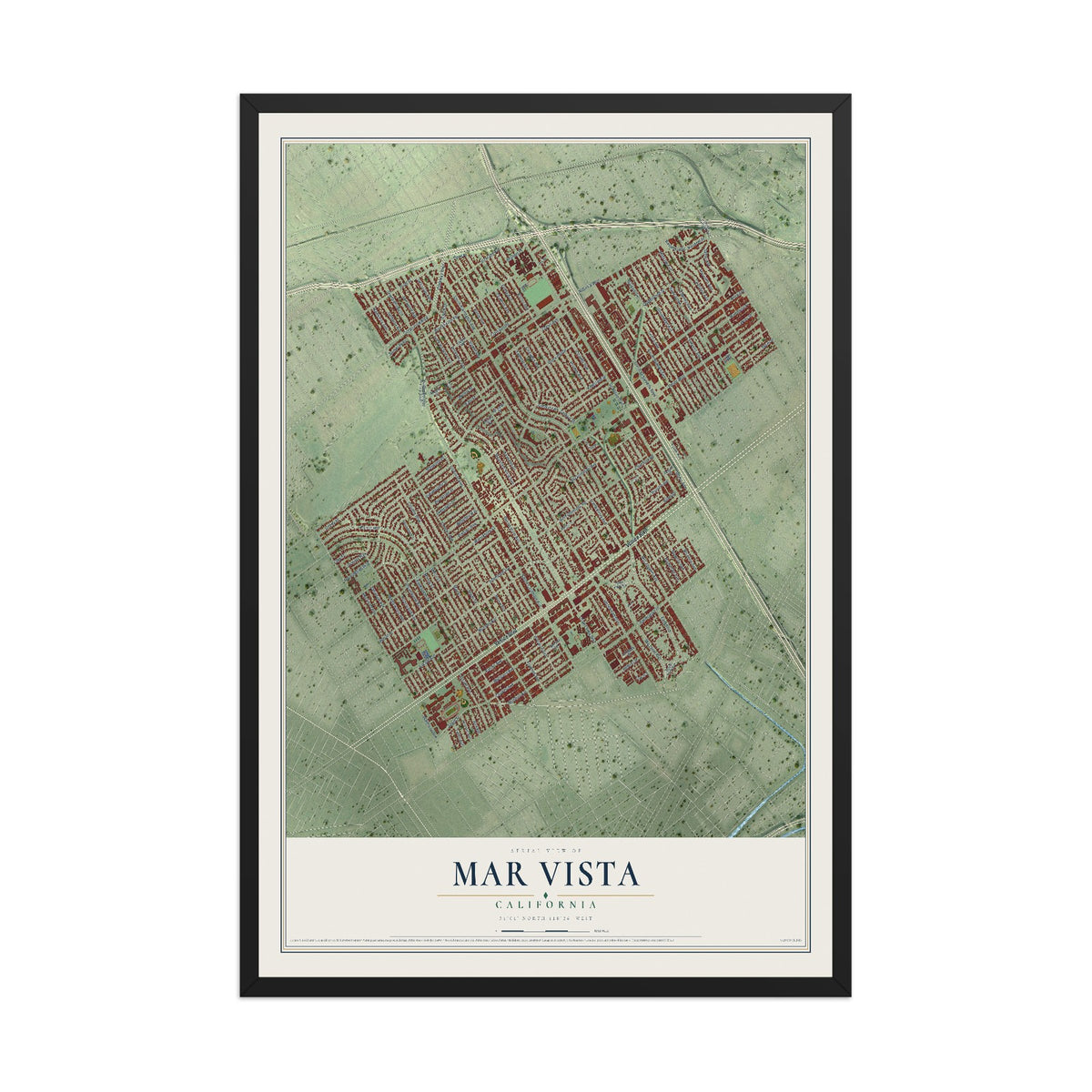 Map of Mar Vista, California, 12 x 18 inch print in a black wood frame