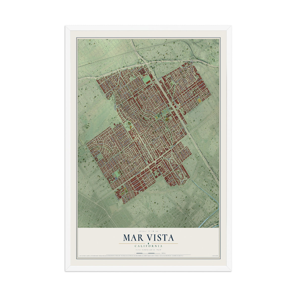 Map of Mar Vista, California, 12 x 18 inch print in a white wood frame