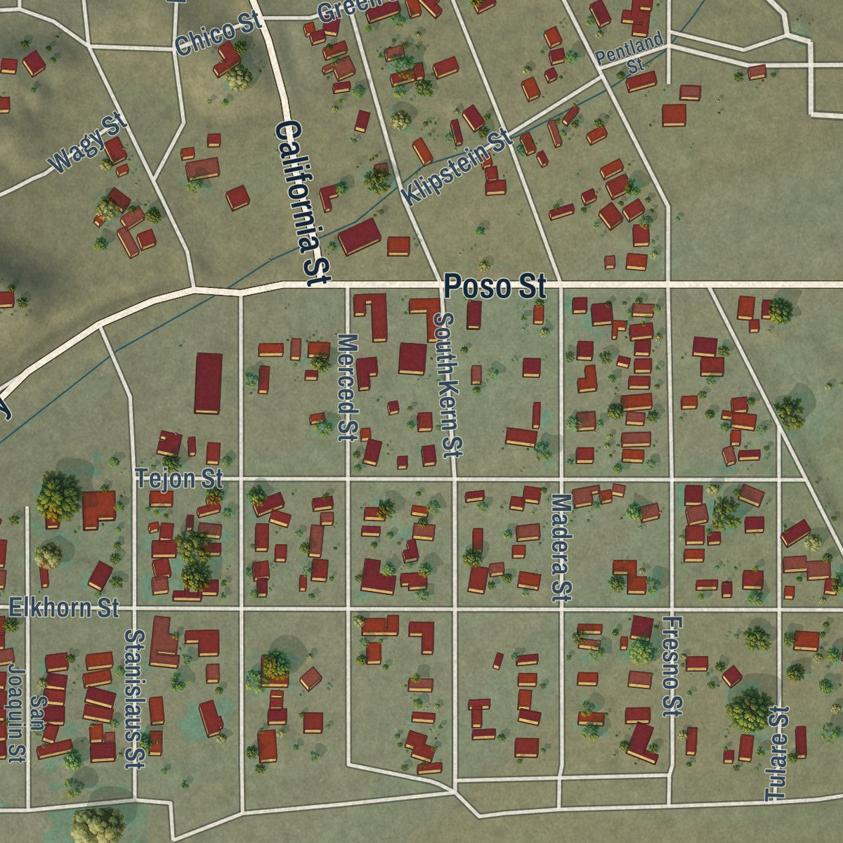 Close-up of the map of Maricopa, California print showing street and building detail