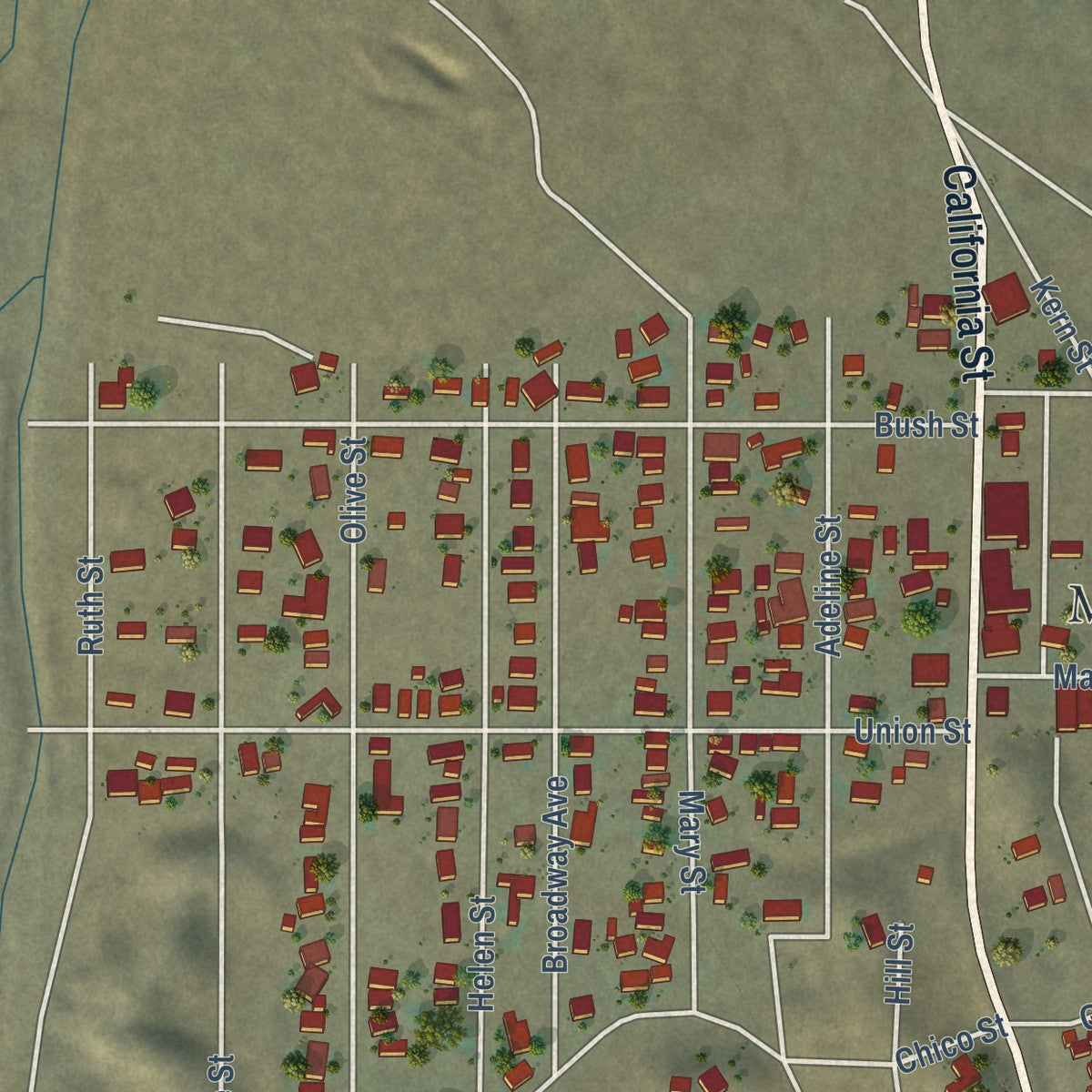 Second close-up of the map of Maricopa, California print showing more streets and buildings
