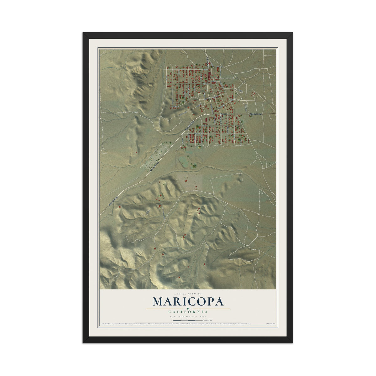 Map of Maricopa, California, 12 x 18 inch print in a black wood frame
