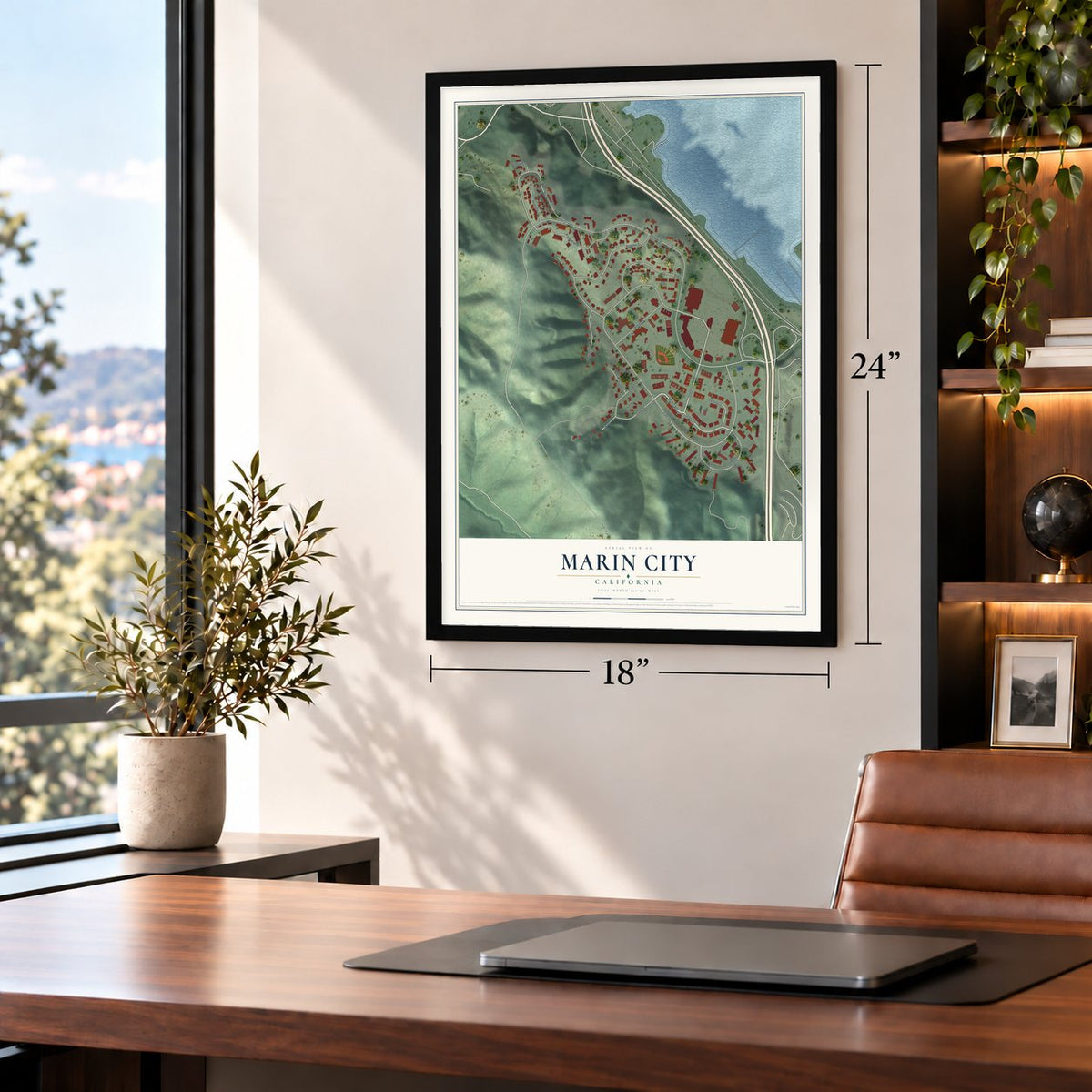 Marin City, California map, 18 x 24 inch print in a black frame in a home office