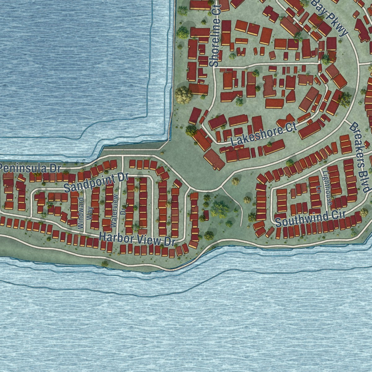 Close-up of the map of Marina Bay, California print showing street and building detail