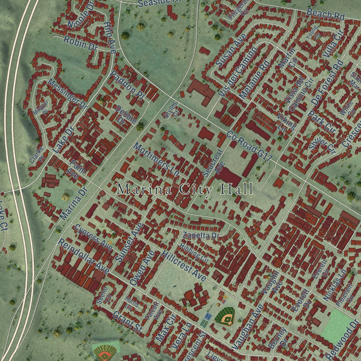 Close-up of the map of Marina, California print showing street and building detail