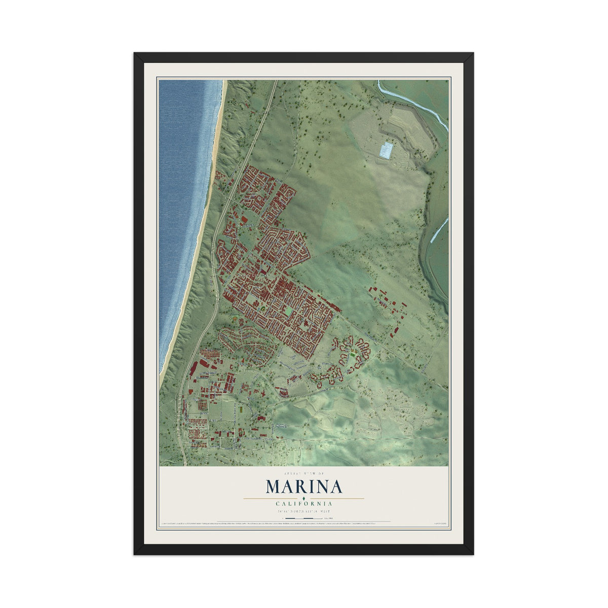 Map of Marina, California, 12 x 18 inch print in a black wood frame