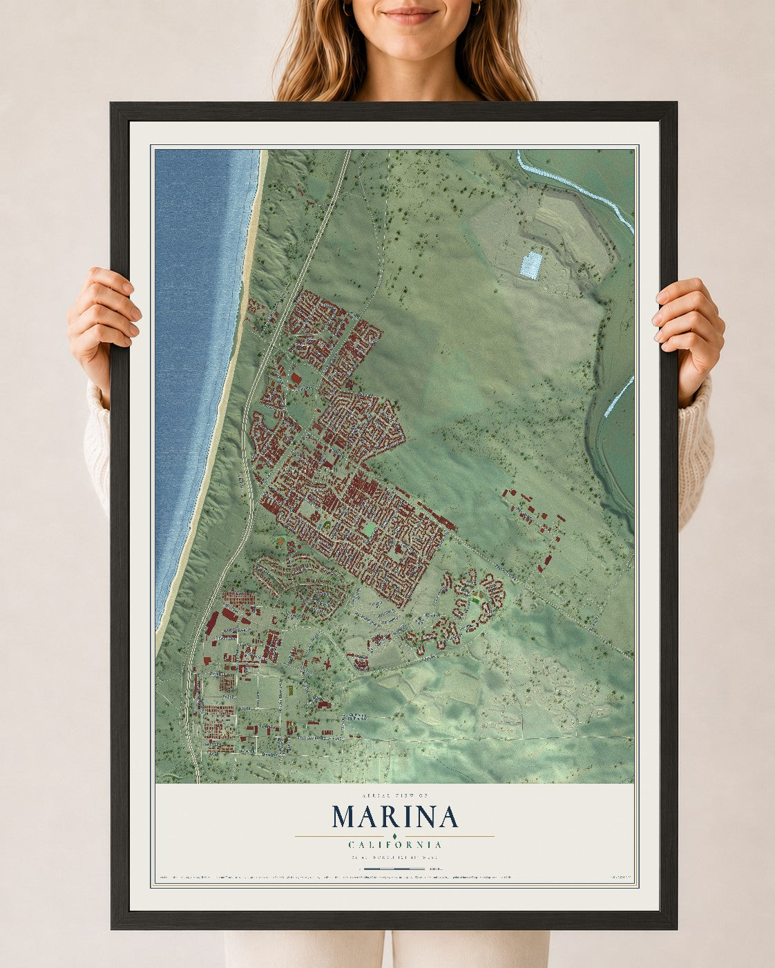 Map of Marina, California, 24 x 36 inch print in a black wood frame