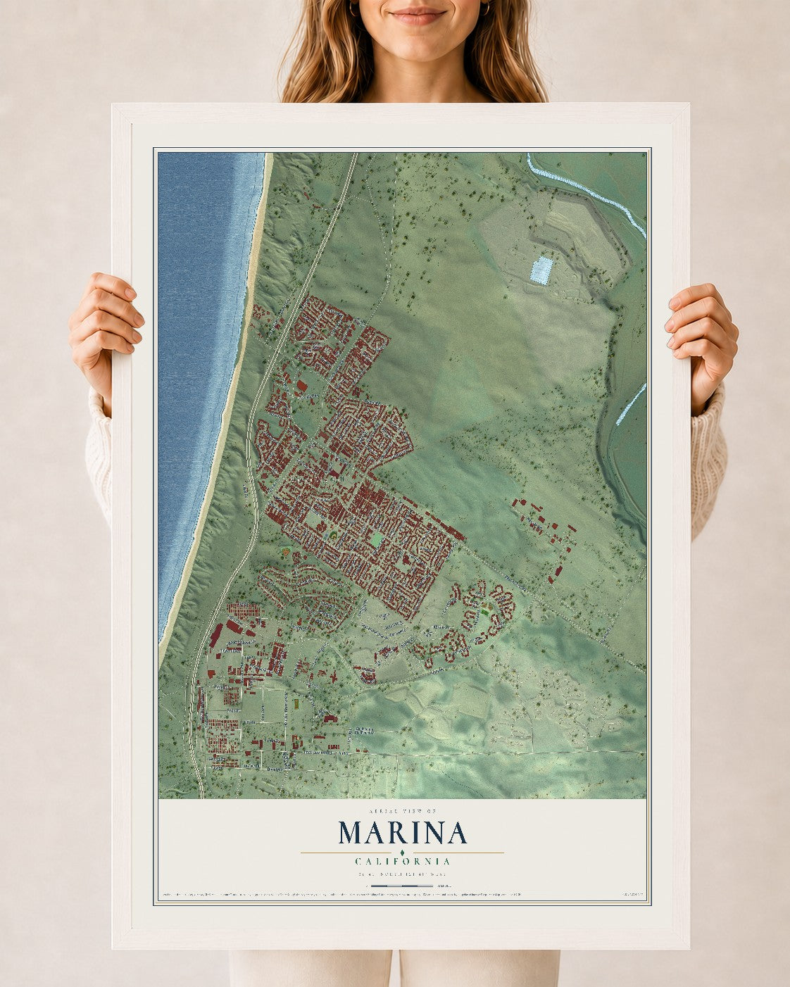 Map of Marina, California, 24 x 36 inch print in a white wood frame